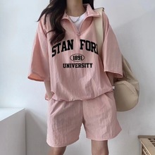 洋气减龄运动套装女夏季新款半拉链短袖韩国阔腿短裤设计感两件