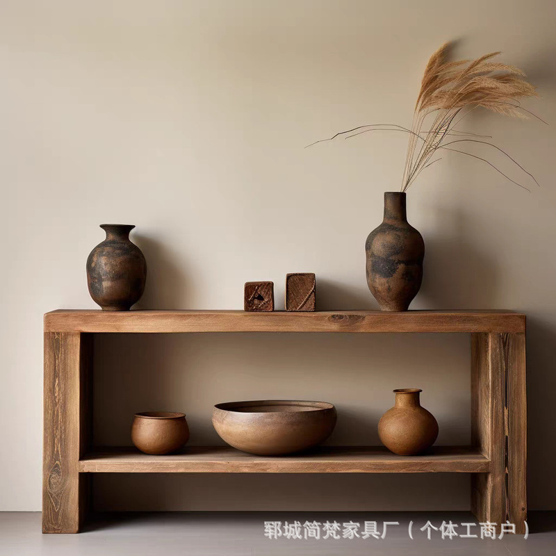 诧寂风博古架实木多层储物柜客厅陶瓷花瓶展示架老榆木茶具餐边柜|undefined