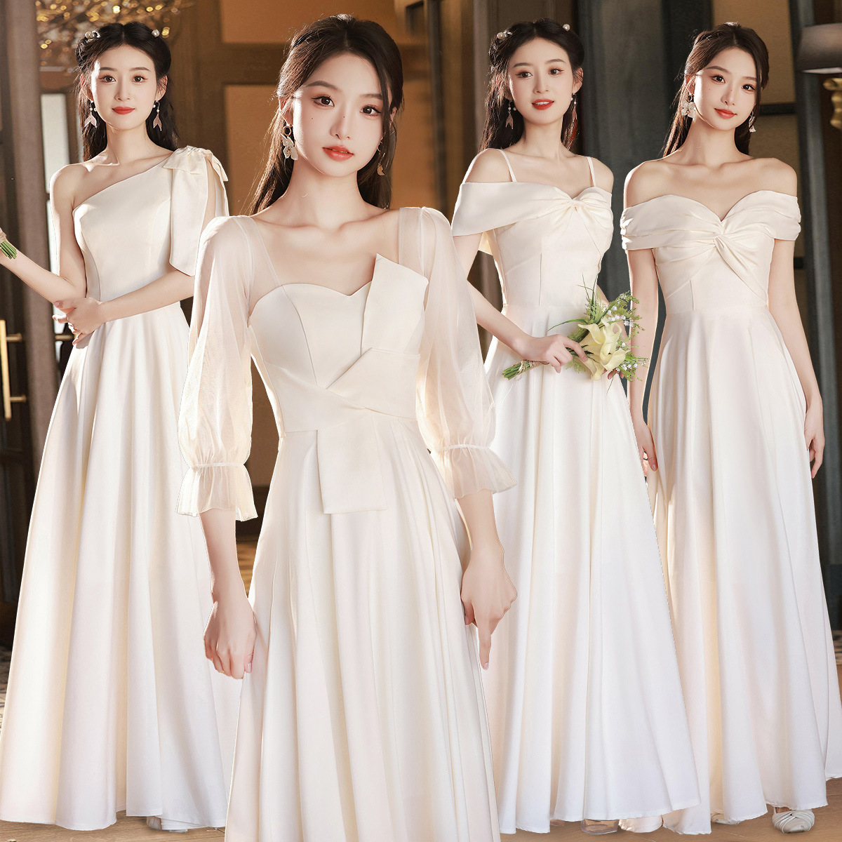 Bridesmaid Dress, New Spring and Autumn Style, Champagne Color, Can Be Worn Casually, Niche High-End Feel, Chorus Satin Sister Group Evening Dress for Women