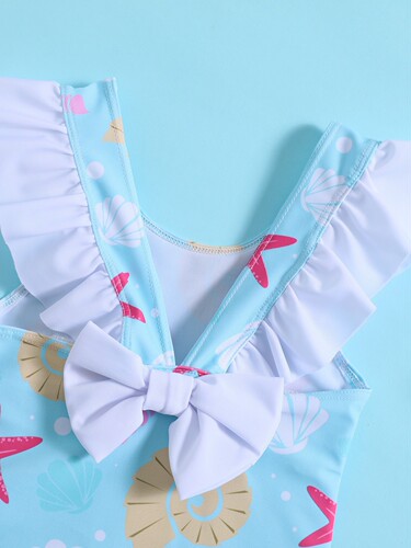 Cross-border foreign trade for children, girls and babies, starfish shell printing, lotus leaf bow swimsuit