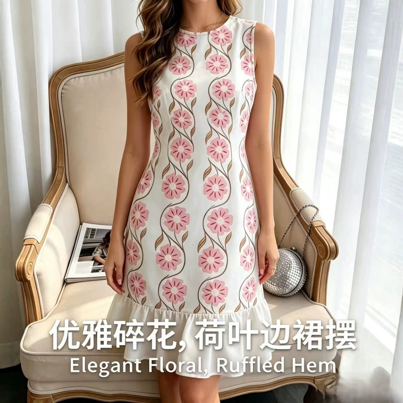 French-Style Pink Floral Sleeveless Dress for Women, Gentle Round Neck Chiffon Midi Dress with Ruffle Hem, Cross-Border Dress French-Style Pink Floral Sleeveless Dress for Women, Gentle Round Neck Chiffon Midi Dress with Ruffle Hem, Cross-Border Dress