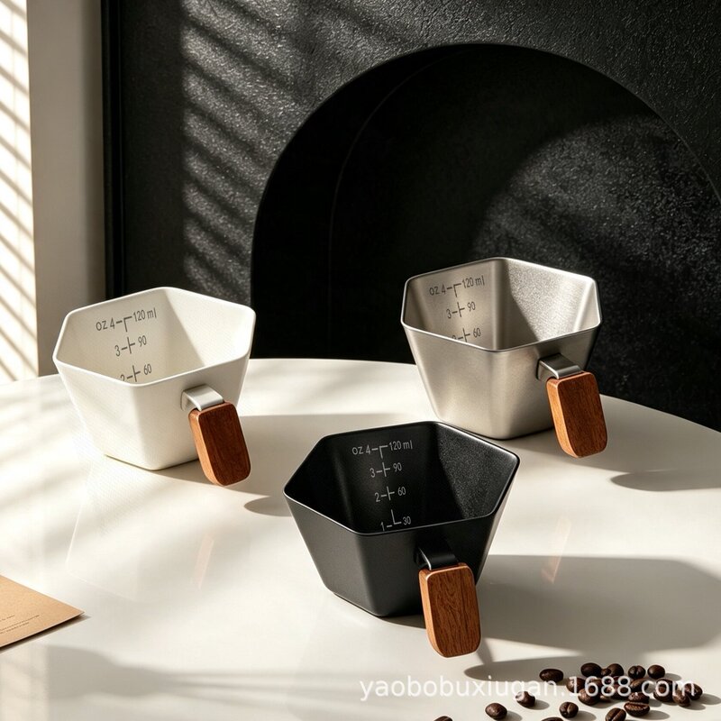 304 stainless steel wooden handle extraction cup, Italian espresso cup with scale, ounce cup, milk cup, coffee maker 304 stainless steel wooden handle extraction cup, Italian espresso cup with scale, ounce cup, milk cup, coffee maker