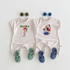 韓版2024夏季寶寶可愛休閒爬服嬰幼兒卡通哈衣連體衣棉質寬鬆外出