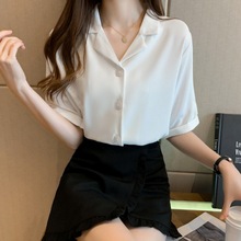 实拍韩国chic宽松v西装领时尚短袖衬衫女纯色上衣