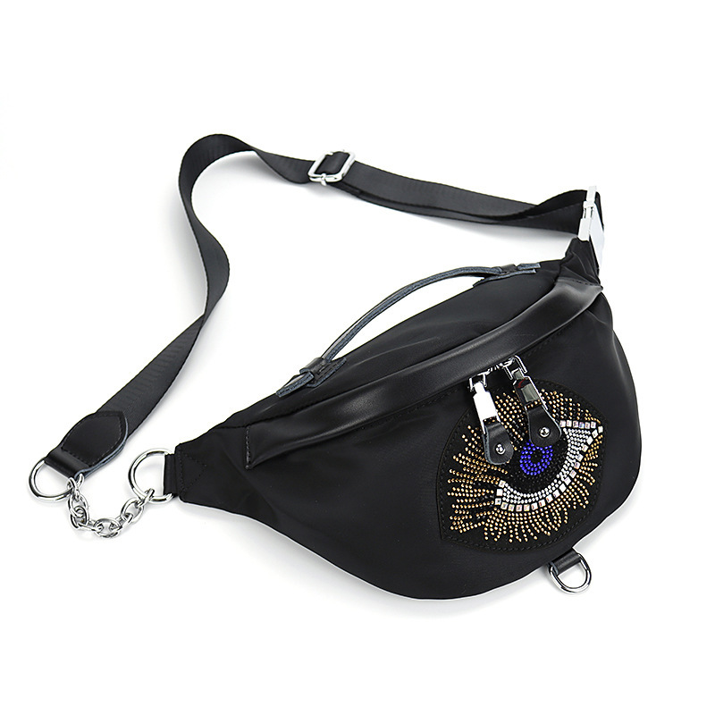 Cross-border Women's Bag New Trendy Fashion Rhinestone Dumpling Bag Nylon Waterproof Oxford Cloth Waist Bag Genuine Leather Crossbody Chest Bag