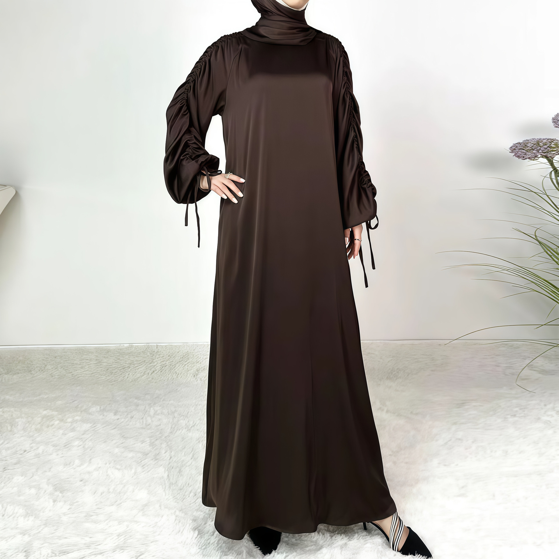 Robe abaya modeste et ensemble foulard avec plis à cordon et manches lanternes._voghion.com