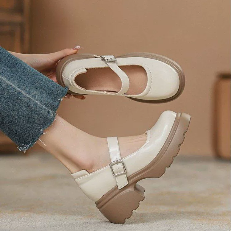 Французские туфли Мэри Джейн женские летние туфли на толстой подошве женские круглые туфли на высоком каблуке увеличены белые кожаные туфли Lefu