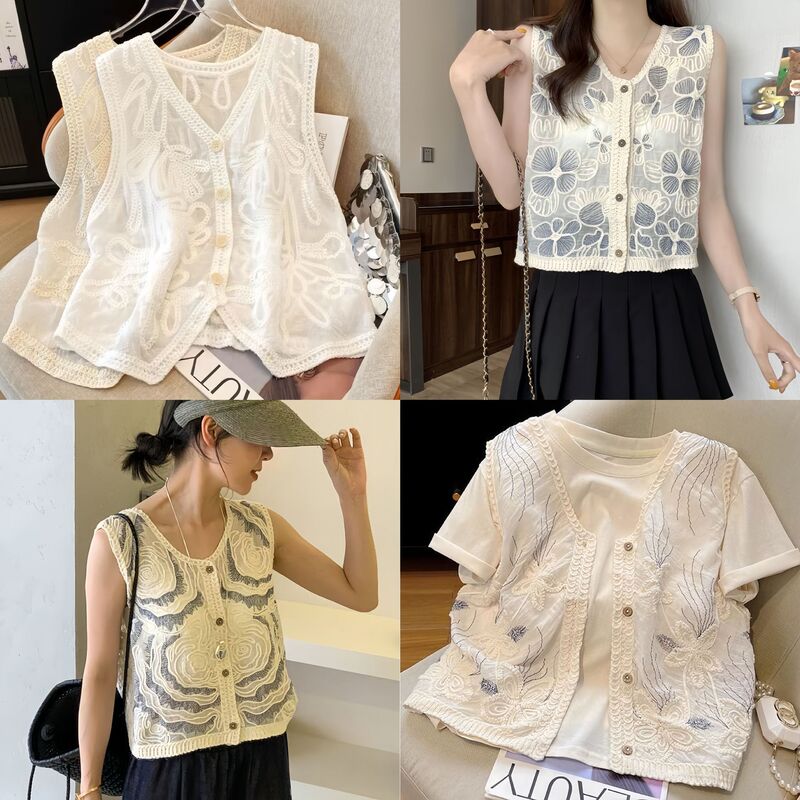 Women's Vest New Chinese Style V-Neck Hollow-Out Knitted Cardigan Sleeveless Outerwear Top Women's Vest New Chinese Style V-Neck Hollow-Out Knitted Cardigan Sleeveless Outerwear Top