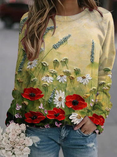 Autumn new 3D flower-and-bird printed urban casual round-collar pullover shoulder sweater