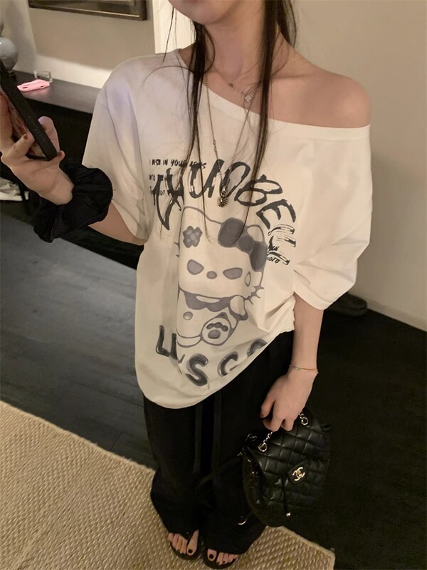 ドロップシッピングオフショルダー半袖レディース Tシャツワンショルダー 2025 新しい女性のルーズレイジーリラックスオフショルダートップ|undefined