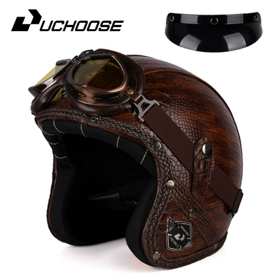 Retro Harley Helmet Leather Electric – Motosiklet kaskı (dəbilqə) - brown-crocodile-pattern-s