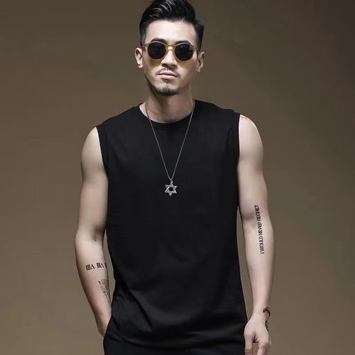 Summer Plain Color Crew Neck Backless Cardigan Men Loose Parka Sports Fitness Sweatshirt Casual Versatile Sleeveless Base T-Shirt