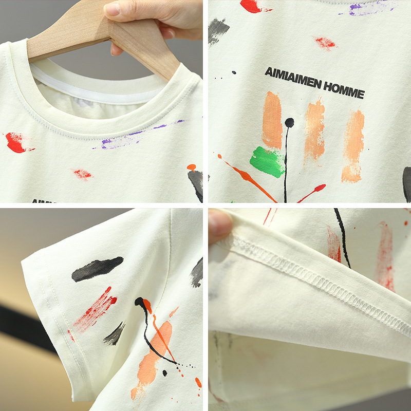 7834 Camiseta de manga corta para niños 2025 nuevo verano para niños moda de verano graffiti de media manga base ropa de bebé