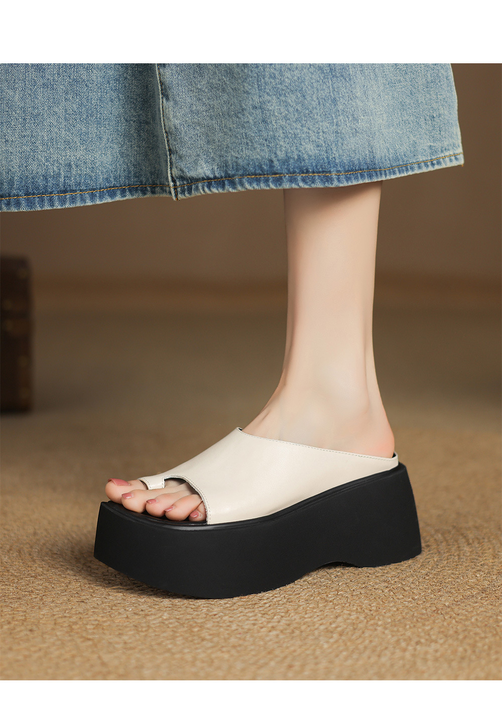 Dép xỏ ngón nữ đế dày 7cm da thật đi biển mùa hè — đen chi tiết 5