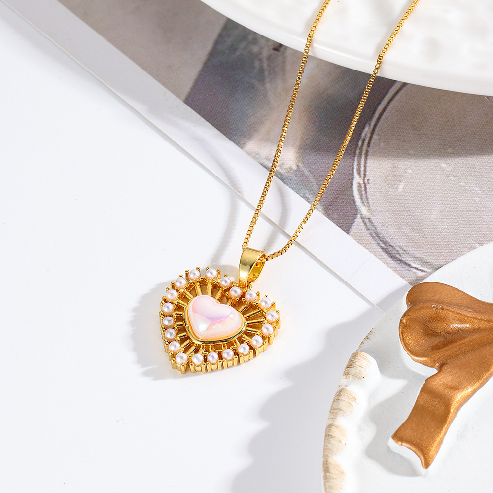 Copper Chain Material box chain Chain Type Wholesale Jewelry Elegant Heart Shape Copper Artificial Pearls Zircon Pendant Necklace Box Chain