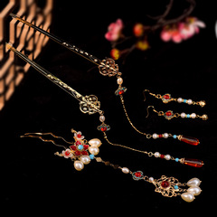 原創燒藍仿點翠蝴蝶小釵珍珠紅瑪瑙髮釵古風漢服髮飾超仙步搖流蘇