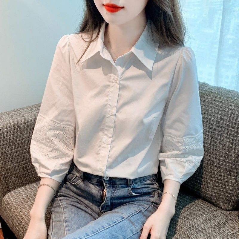 2025 봄과 여름 새로운 여성 퍼프 슬리브 코튼 셔츠 여성 느슨한 배꼽 덮는 7부 소매 탑 유행