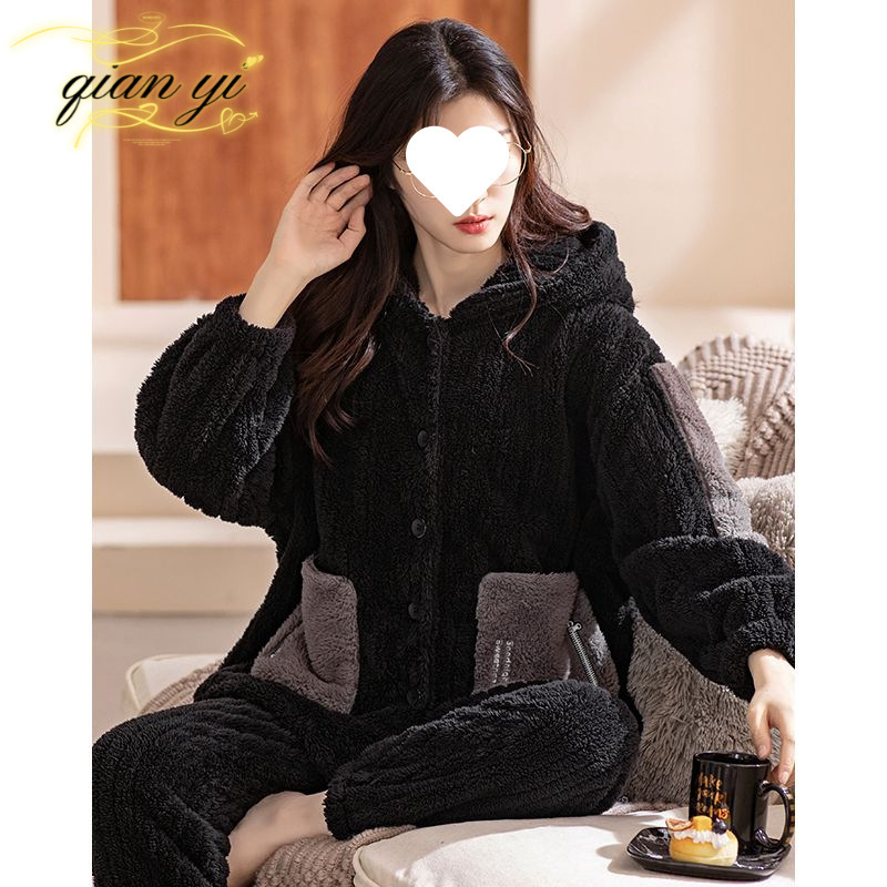 겨울 잠옷 여성용 산호 양털 기모 새로운 가을과 겨울 플란넬 외부 착용 겨울 홈 의류 세트