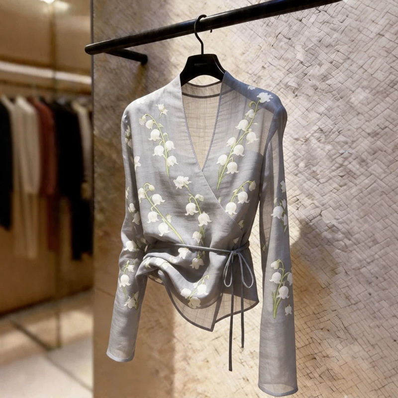 Unique and Stylish French Design Lily of the Valley Embroidered Blouse for Women, Summer V-Neck Tie-Up Elegant Niche Fashion Shirt