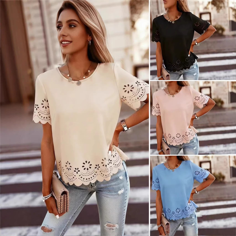 26 New Summer Models of Cross-Border European and American Women's Clothing, Hollow-Out Round-Neck Lace Shirts, Popular on Amazon, Shein, and Temu