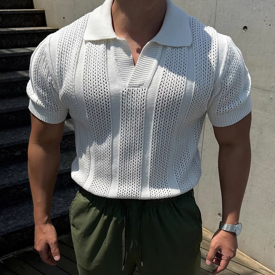 Verano nuevo estilo suéter de manga corta hombre hueco seda de hielo camisa POLO solapa delgado negocio marea comercio exterior transfronterizo al por mayor