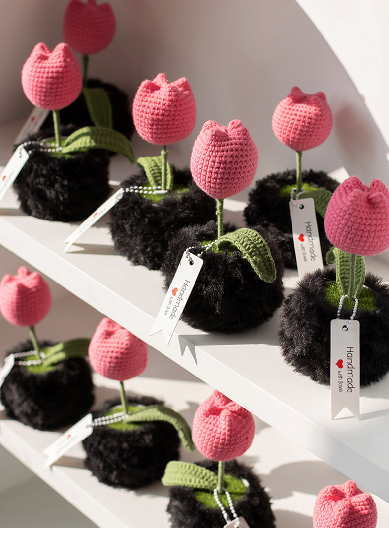 Handcrafted artificial flower ornaments, tulip crocheted potted plants, knitted woolen flowers, as bouquet gifts for elders and friends pic 6