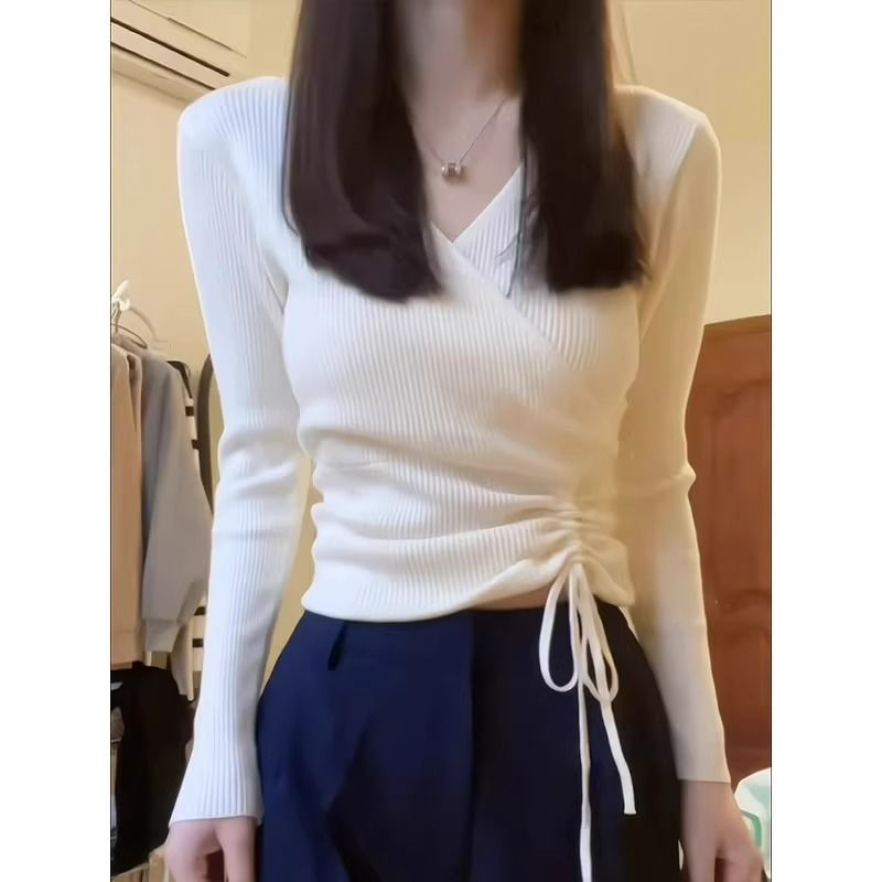 白色領針織衫小眾設計感內搭短款不規則交叉上衣女秋季打底毛衣