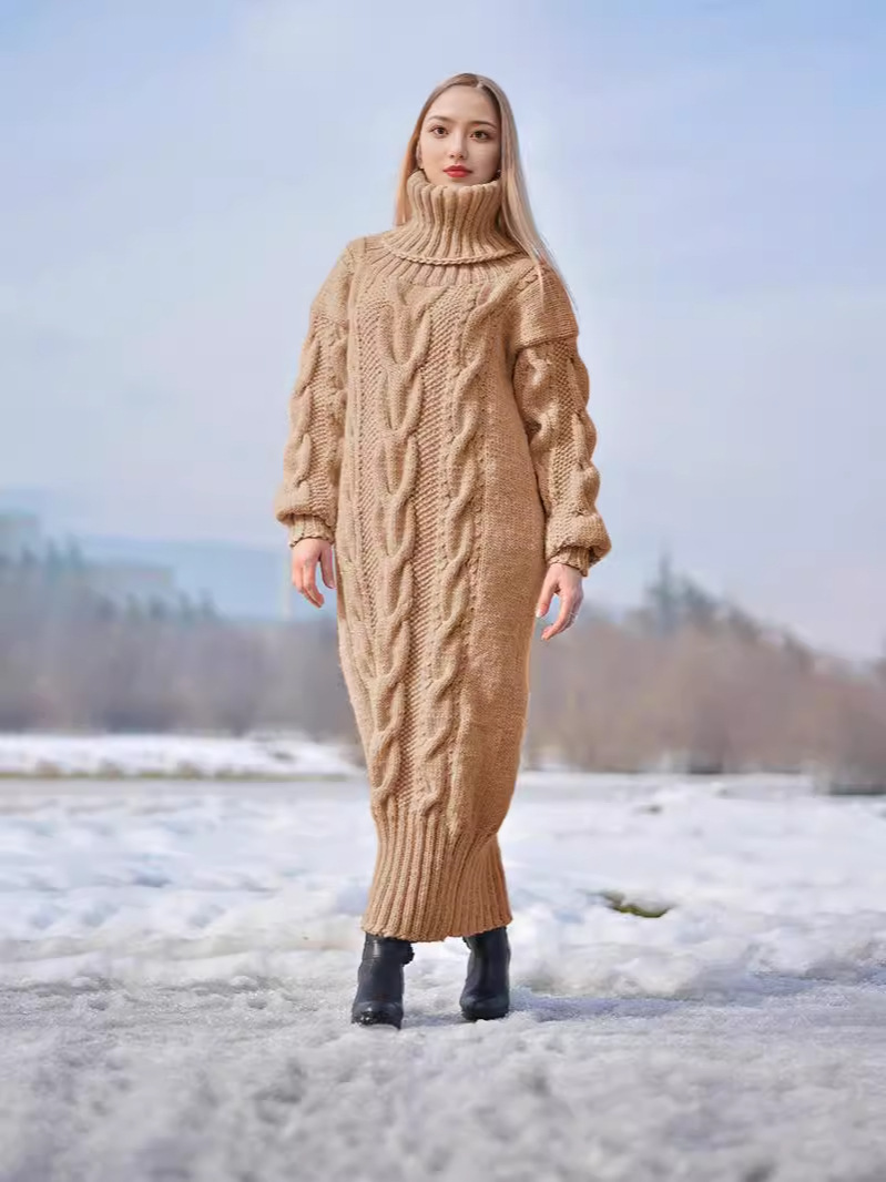 Transfronterizo europeo y americano otoño e invierno nuevo color sólido jersey de cuello alto retorcido suéter de punto suelto temperamento suéter vestido de viajero