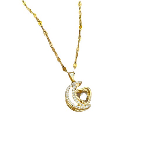 [Titanium Steel] Light Luxury Moon Love Heart Touching Micro-Inlaid Real Gold Necklace Women's Transfer Ins Clavicle Chain Accessories