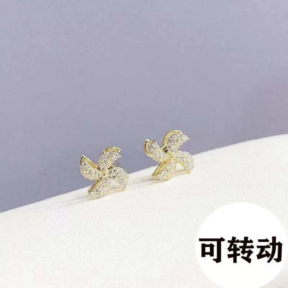 Серебряная игла, вращающаяся ветрячок игрушка, серьги, образец серебро 925, корейский стиль, микроинкрустация, с бриллиантами, оптом