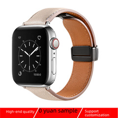 適用Applewatch手錶錶帶商務復古釘扣蘋果皮錶帶摺疊磁吸皮革錶帶