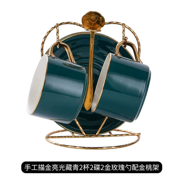 Gold painted glossy navy blue 2 cups and saucers gold spoon with gold stand