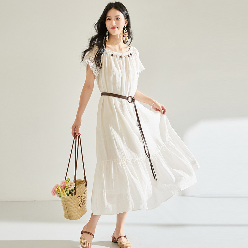 Summer New Style Opera Angel French Lace Patchwork One-Shoulder Short-Sleeved Dress Long Skirt 18919
