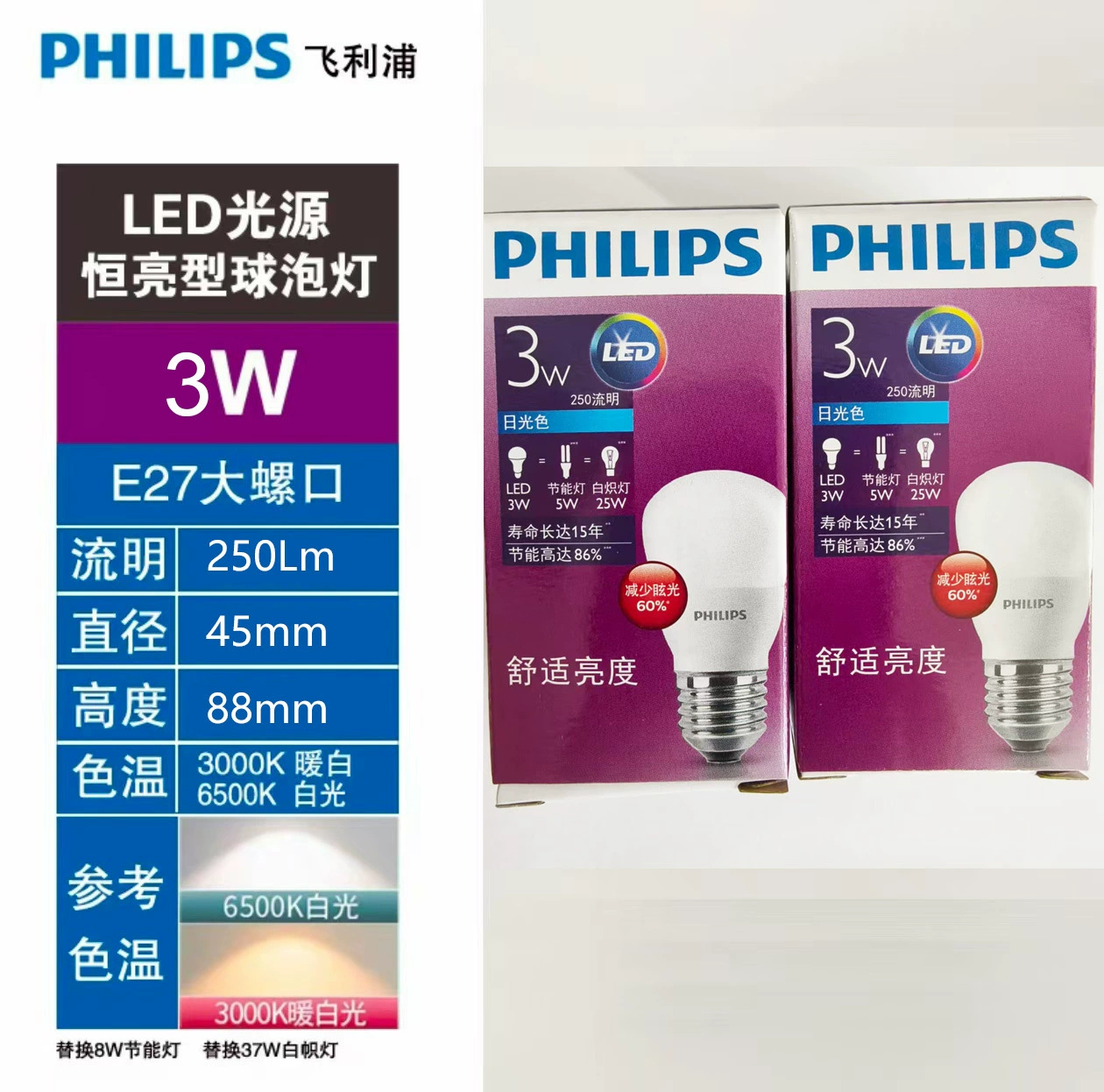 Philips LED Лампа, Энергосберегающая, Супер Яркая, E27 Винтовой Гнездо, 3W-50W, Тёплый & Холодный Белый