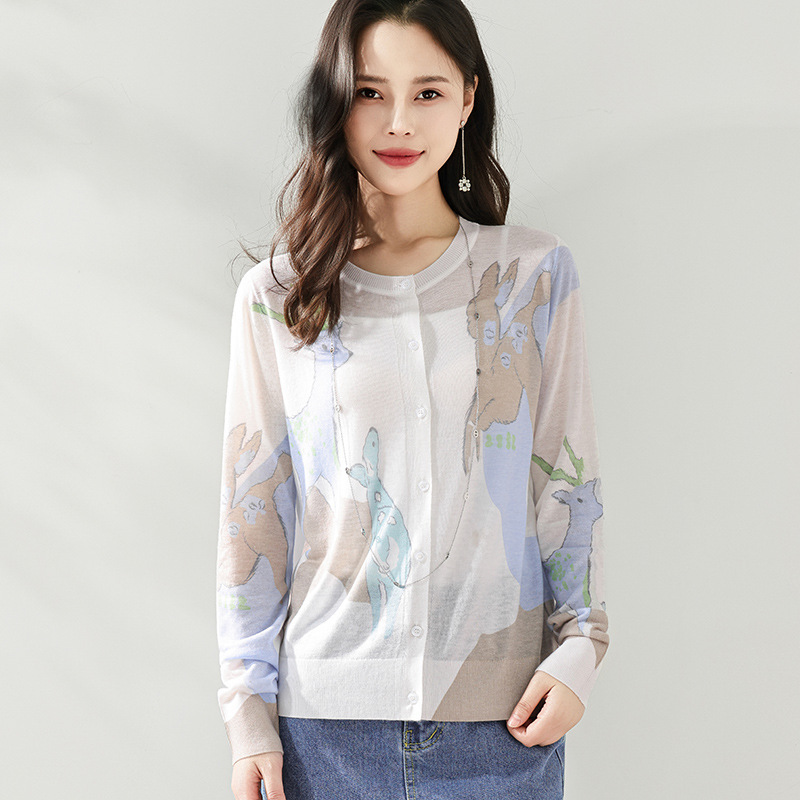 Spring Round-Neck Printed Water-Soluble Wool Long-Sleeved Cardigan for Women Loose Printed Tencel Knitted Sweater Top Jacket New Style Spring Round-Neck Printed Water-Soluble Wool Long-Sleeved Cardigan for Women Loose Printed Tencel Knitted Sweater Top Jacket New Style