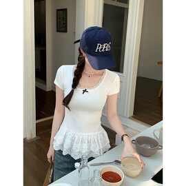 白色蕾丝花边短袖t恤女夏季芭蕾风设计感小众减龄正肩修身上衣服
