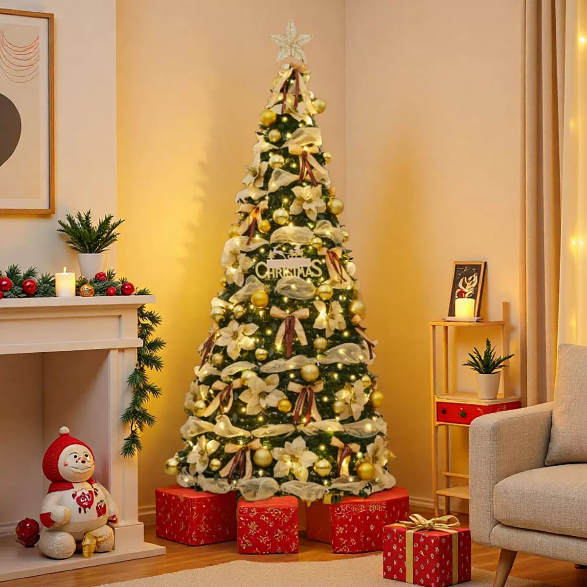 Árbol de Navidad plegable telescópico encryptado luminoso flocado decoración de árbol de nieve decoración de Navidad atmósfera de vestuario