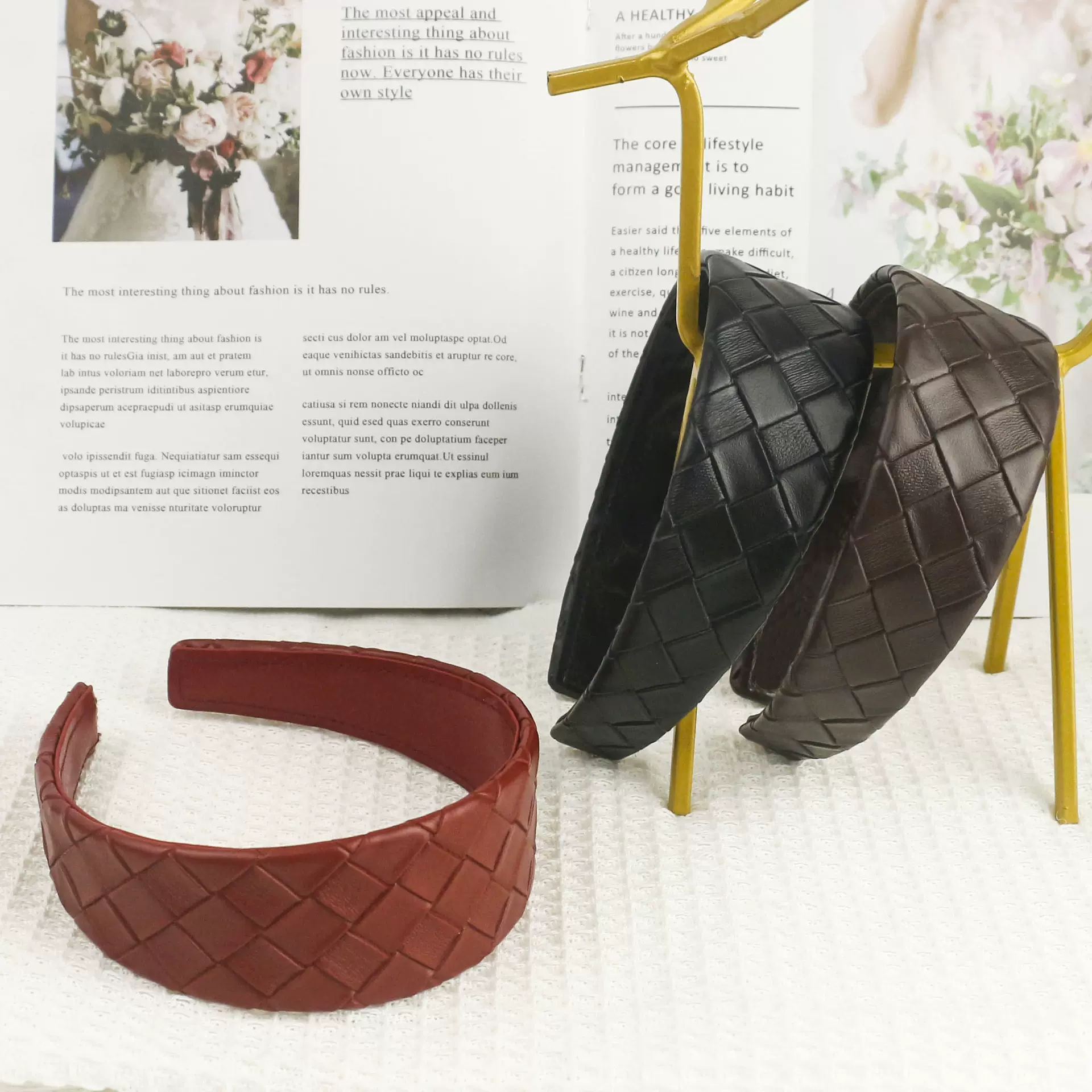 优质菱格纹皮革发箍秋冬新款欧美款精致百搭高级感设计时尚发饰