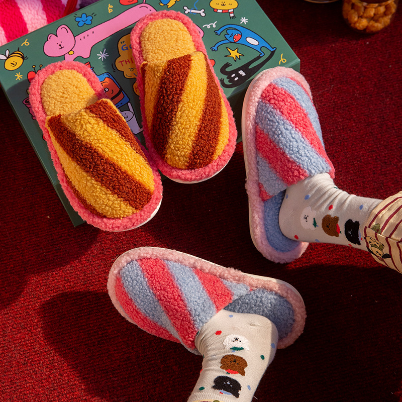 Dopamine-Colored Autumn and Winter Non-Slip Warm Non-Stuffy Cotton Slippers for Women with Striped Color Splicing Plush Slippers for Home Use
