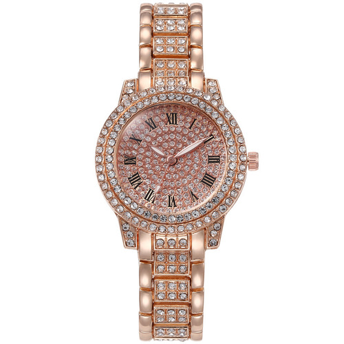 Cross-border baby's breath steel band with diamonds for women's watch full of diamonds rhinestones Roman pattern quartz watch for women