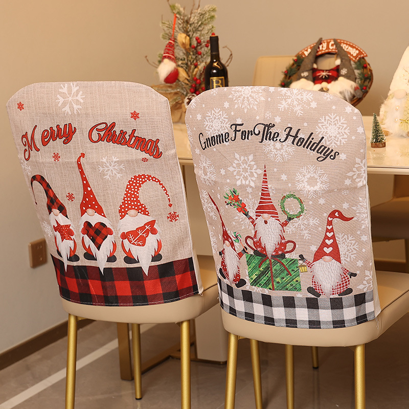 Cross-border new Christmas decoration plaid edge Christmas chair cover decorated linen cartoon forest old man chair cover