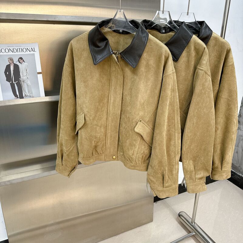 秋冬新品韩版复古美拉德麂皮绒翻领拆卸圆领两穿夹克式机车外套女|undefined