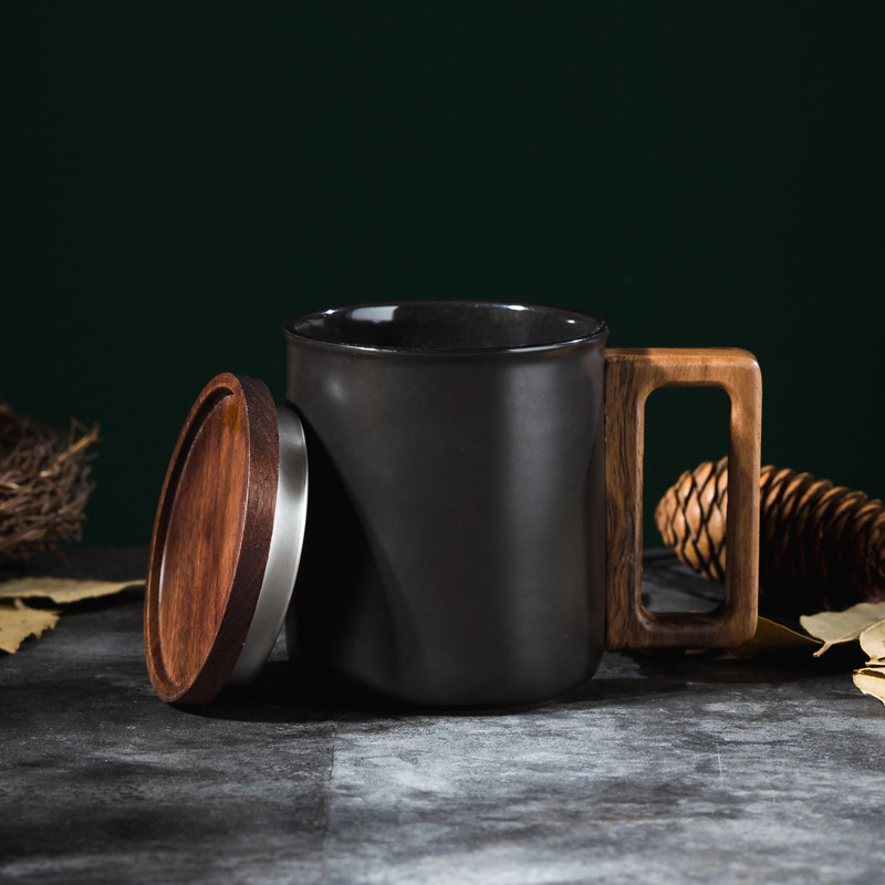 Suyuan taza de madera de nuez taza de cerámica taza de madera taza de café con cojín de taza de madera de madera logotipo publicitario grabado