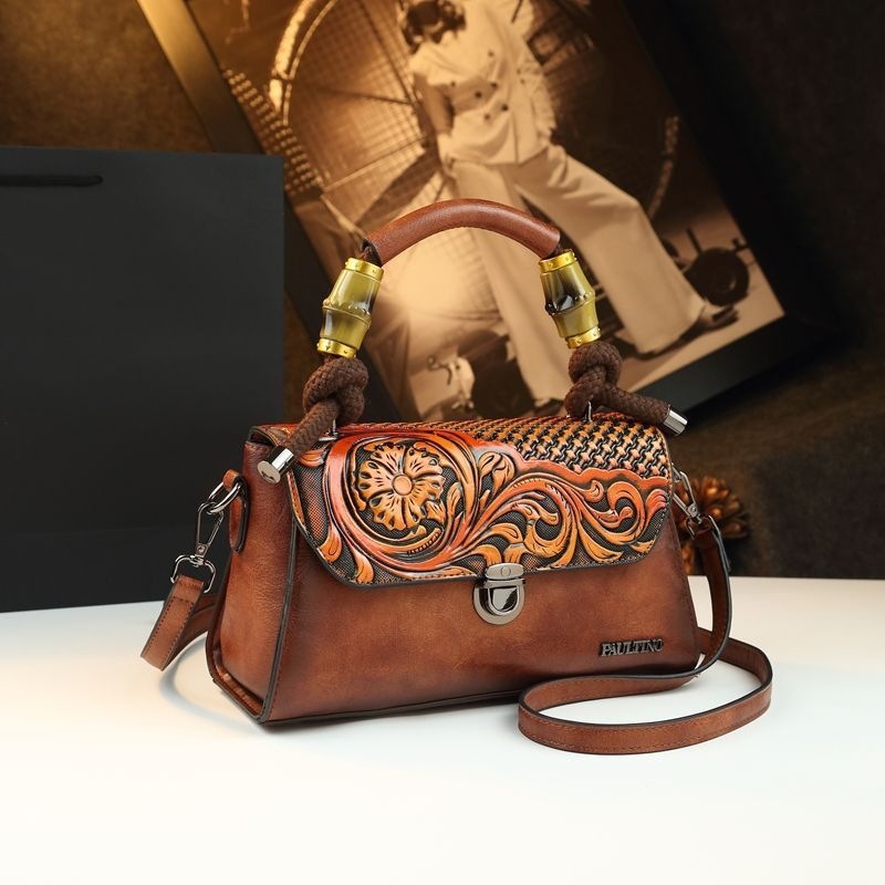 Túi đeo chéo nữ da thật họa tiết hoa nổi phong cách vintage — màu nâu, Màu xanh đậm, màu đỏ, màu xám