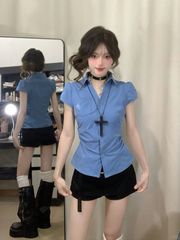 美式学院风蓝色短袖正肩衬衫女夏季2025辣妹修身掐腰短款上衣小衫
