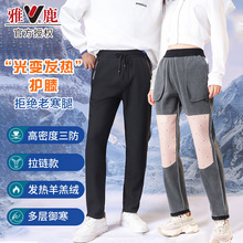 雅鹿秋冬加绒防风裤速干男女艾草羊绒护膝锦纶拉链羊羔绒发热抗寒