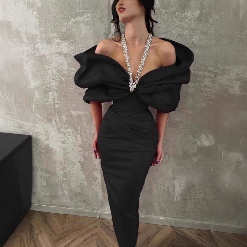 French Black Heavy Industry Diamond Neck dress Women's Noble Elegant High-end Evening Dress Bandage Long Dress