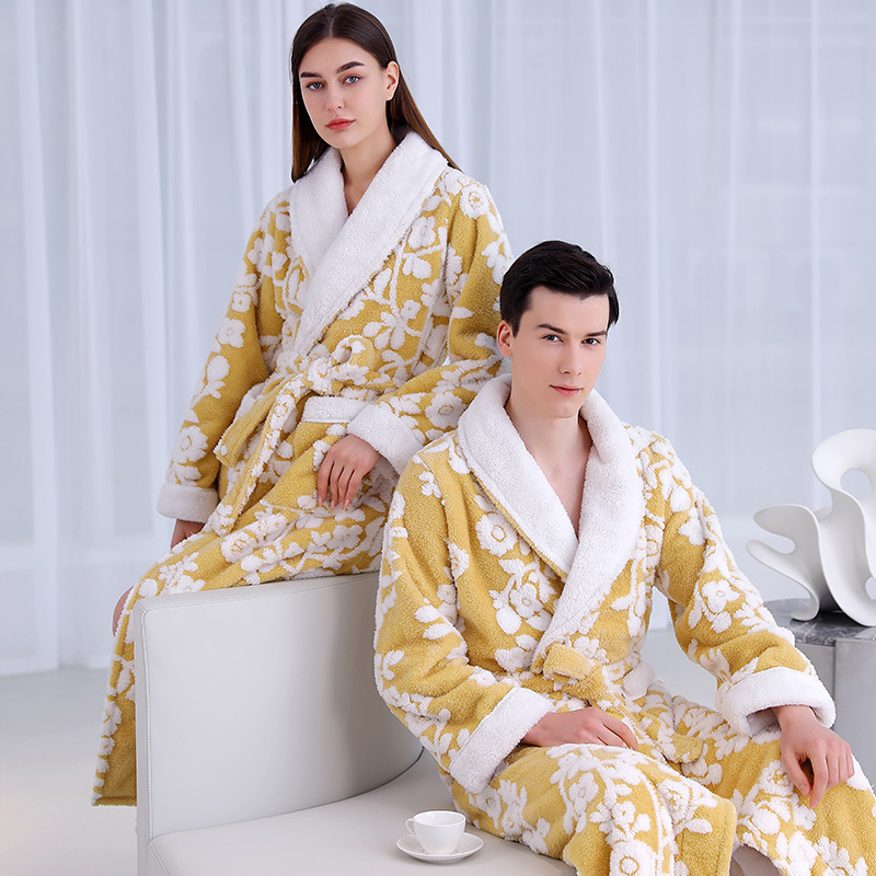 Autumn and Winter New Silver Gray Double-Layer Thickened Jacquard Soft Velvet Nightgown for Men, Long Velvet Bathrobe for Women