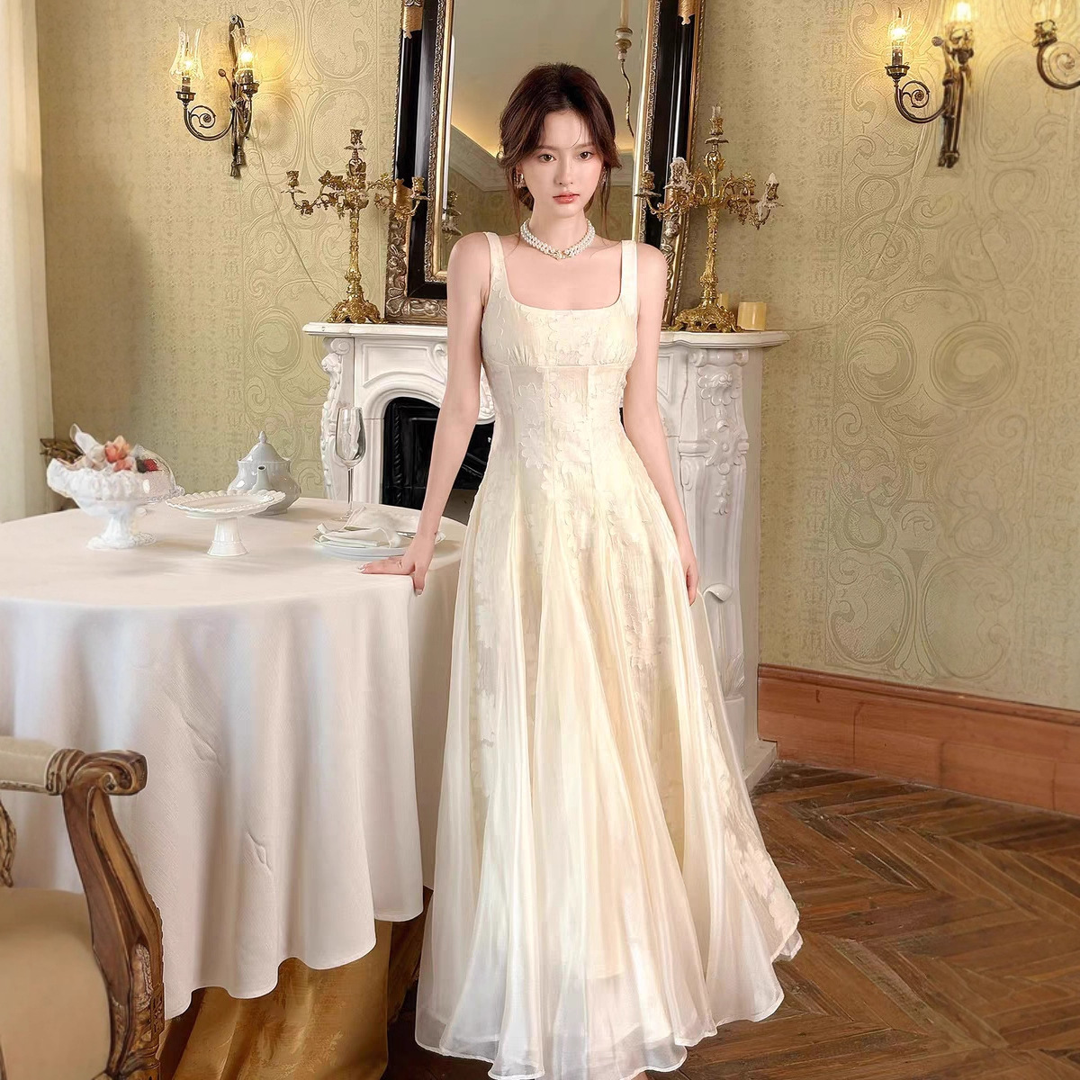 French Romantic New Dress Dinner Sling Square Collar High Waist Super Fairy Dress Customized High-End Female Party Birthday