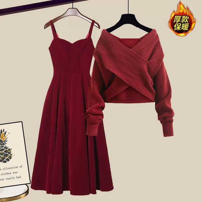 Зимний костюм женский новый китайский Новый год носить красный свитер